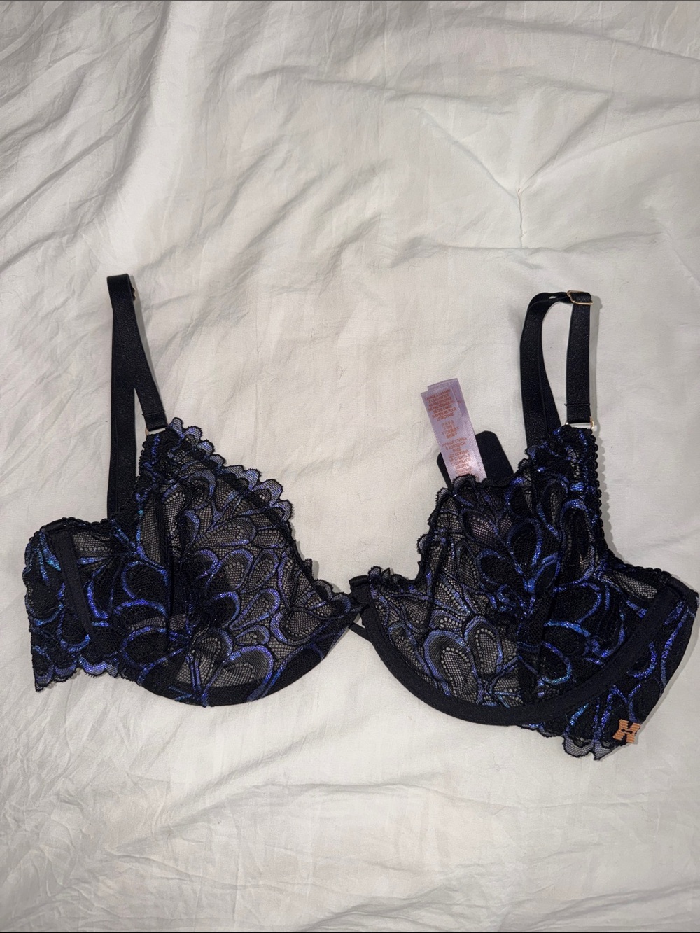 Savage X Fenty Black Lace Underwire Bra with Blue Embroidery